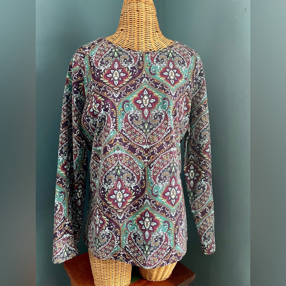 Talbots Women Long Sleeve Shirt Blue Purple Green Size 1X 95% Cotton 5% Spandex